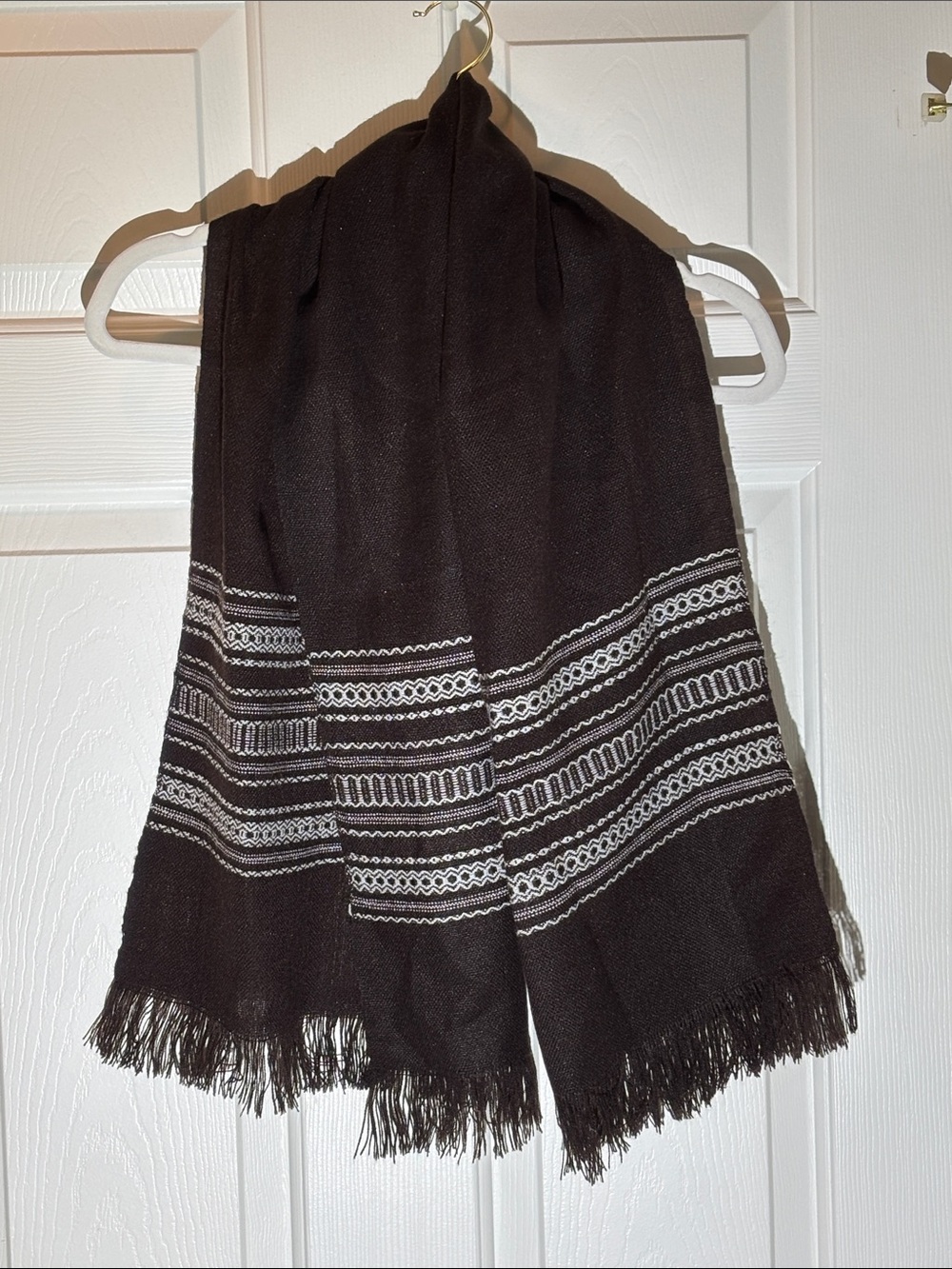Brown Woven Fringe Scarf with White Pattern - Women Accessories